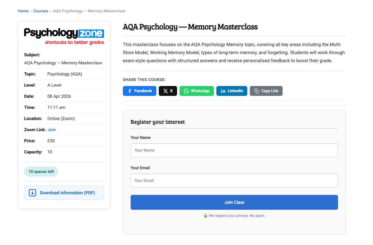Single course page built using a custom WordPress plugin